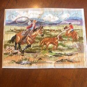 Bucilla #4678? Cowboys roping cattle in the old West/ crewel embroidery